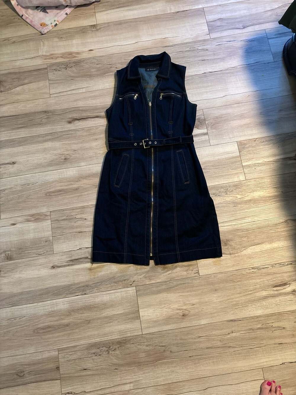 INC International Concepts Sleeveless Zip-Front Belted Denim Utility Mini Dress